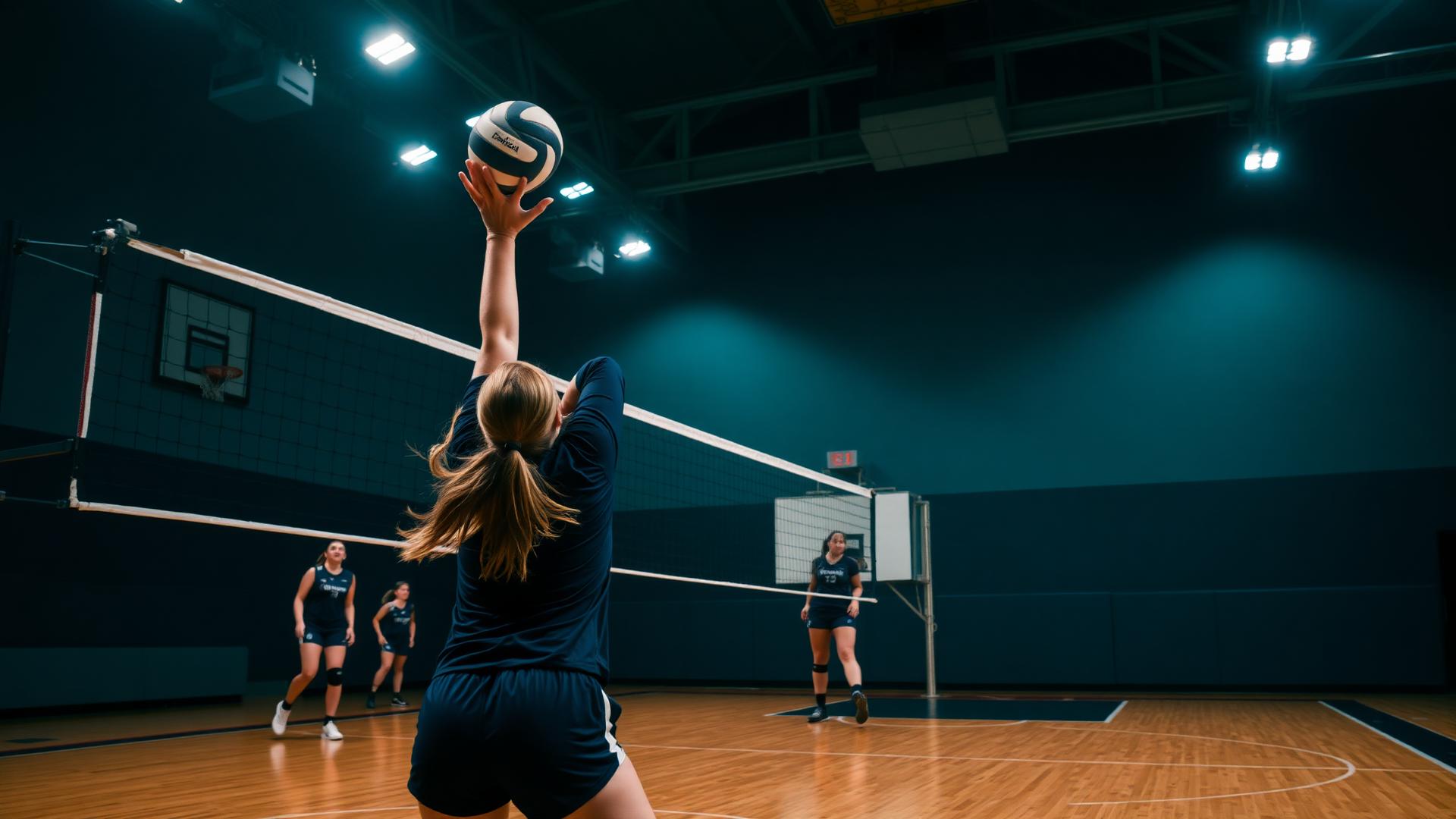 Volleyball athlete serving under gym lights